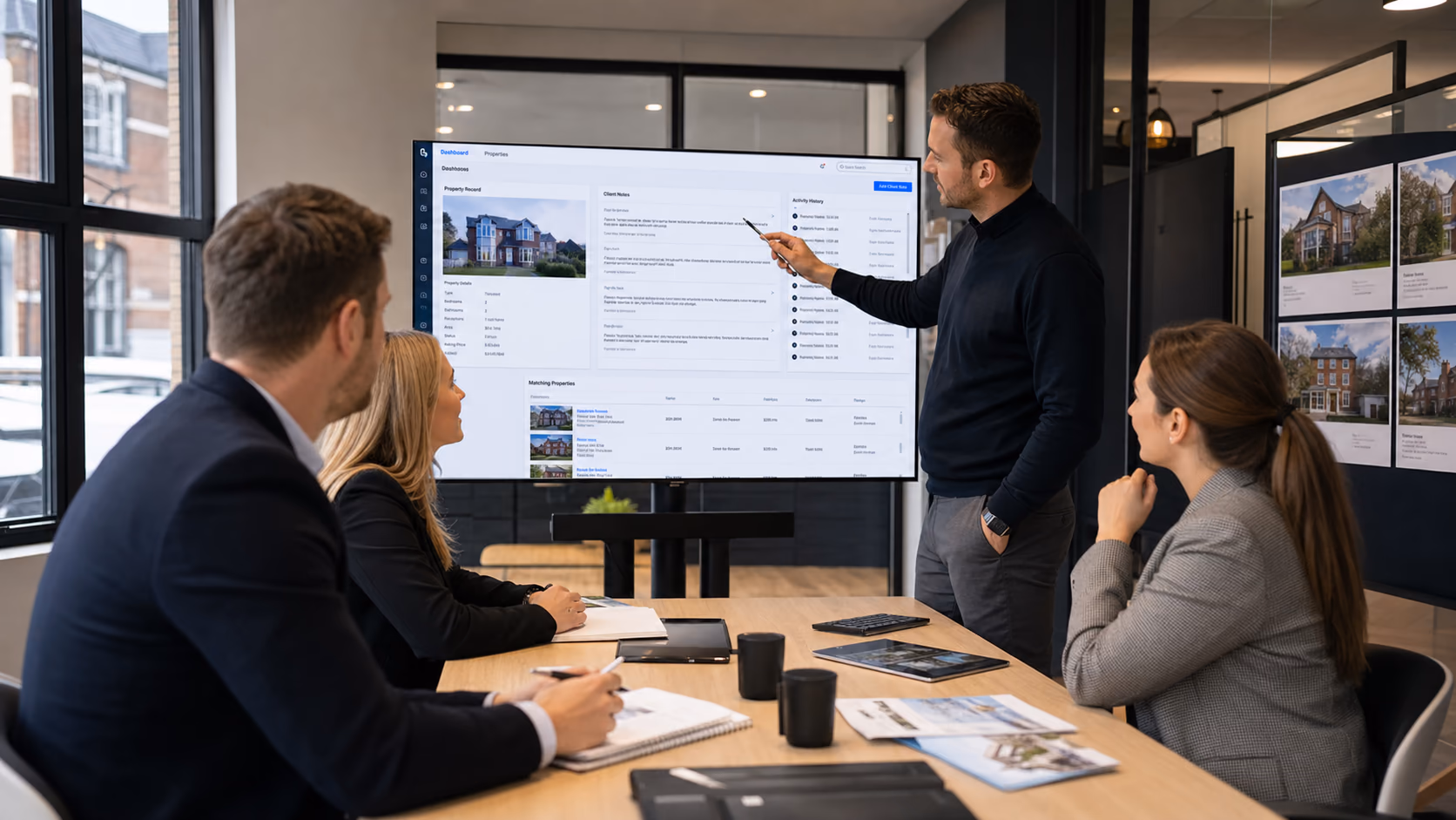 A real estate branch team reviewing client notes and property records on a shared screen before using an AI assistant, modern office setting