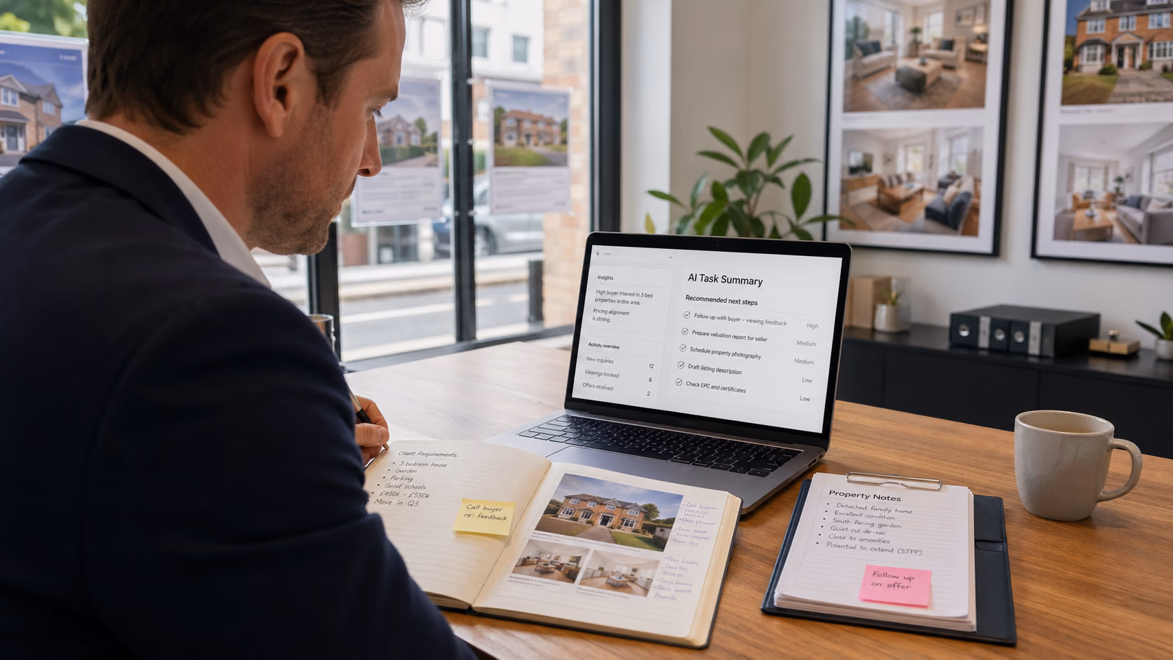A real estate agent at a desk comparing property notes, client requirements, and an AI-generated task summary on a laptop in a bright office