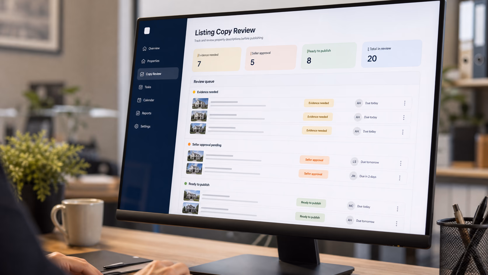 A team dashboard showing property descriptions awaiting review, with labels for evidence needed, seller approval pending, and ready to publish
