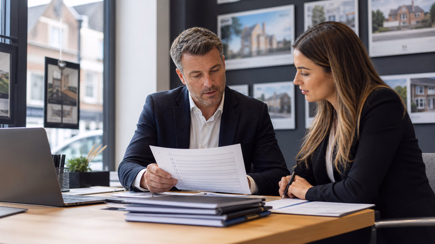 An estate agency principal and negotiator reviewing a printed AI permission checklist beside client files and a laptop in a branch office