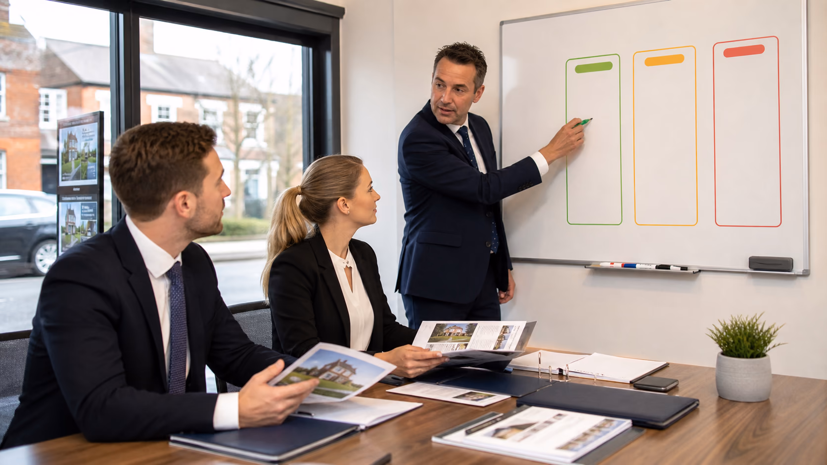 A branch manager marking approved, restricted, and blocked AI data categories on a whiteboard while agents compare client file examples