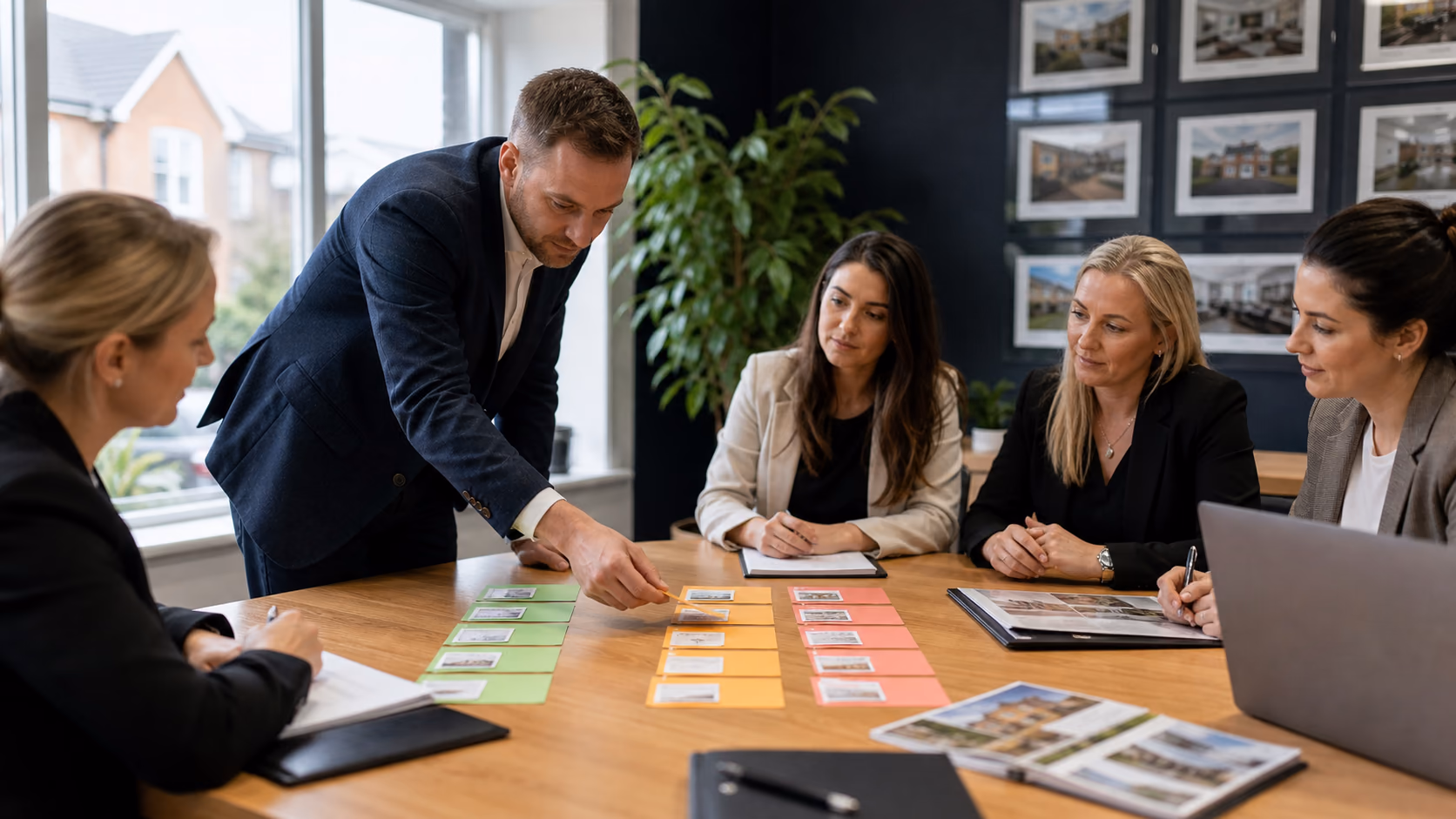 Estate agents sorting example client scenarios into allowed, ask first, and blocked columns during a short AI training session