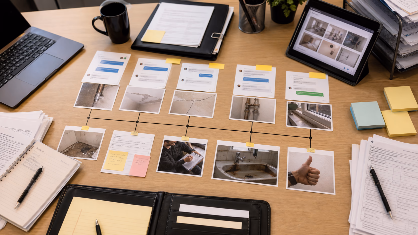 A maintenance issue timeline with tenant messages, contractor notes, landlord approval, and photo evidence arranged on a desk