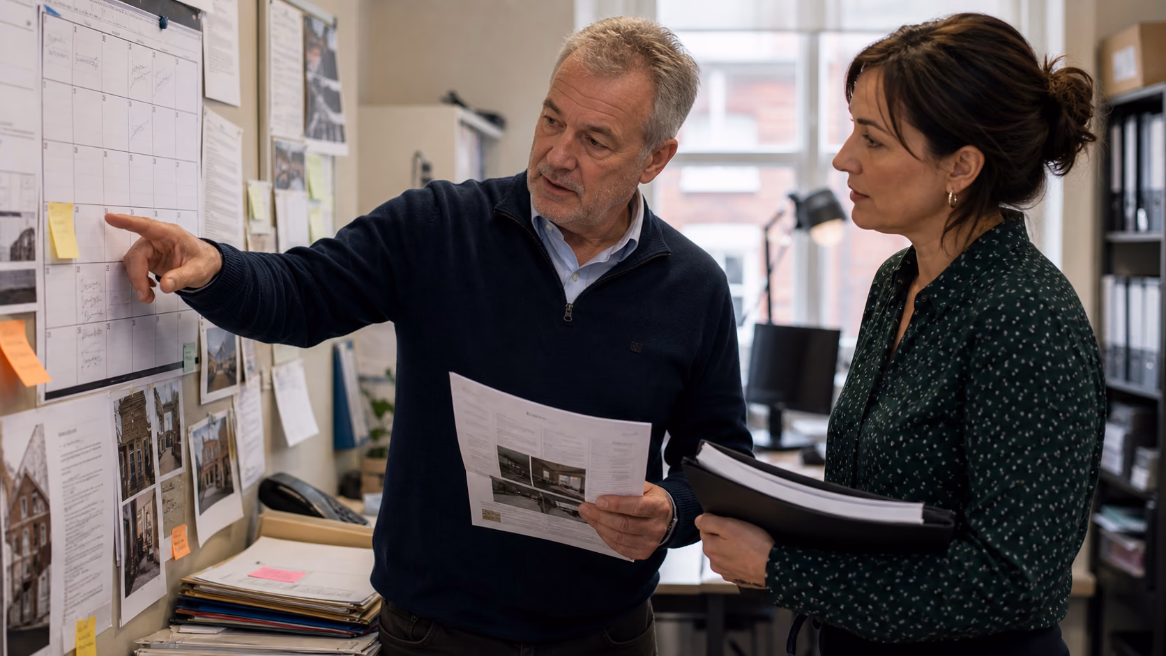 A senior property manager and colleague reviewing an urgent repair update beside a wall calendar and printed property notes