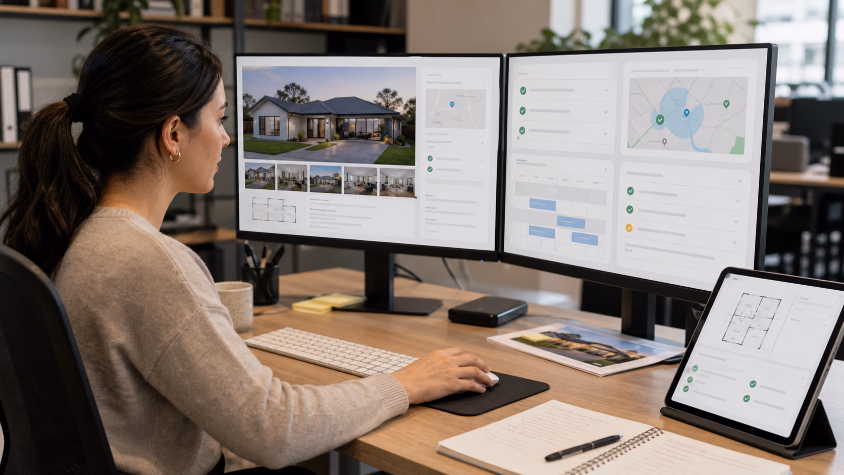 A property administrator comparing final listing photos, address display settings, open home times, and approval notes on a shared record before sending details to public channels
