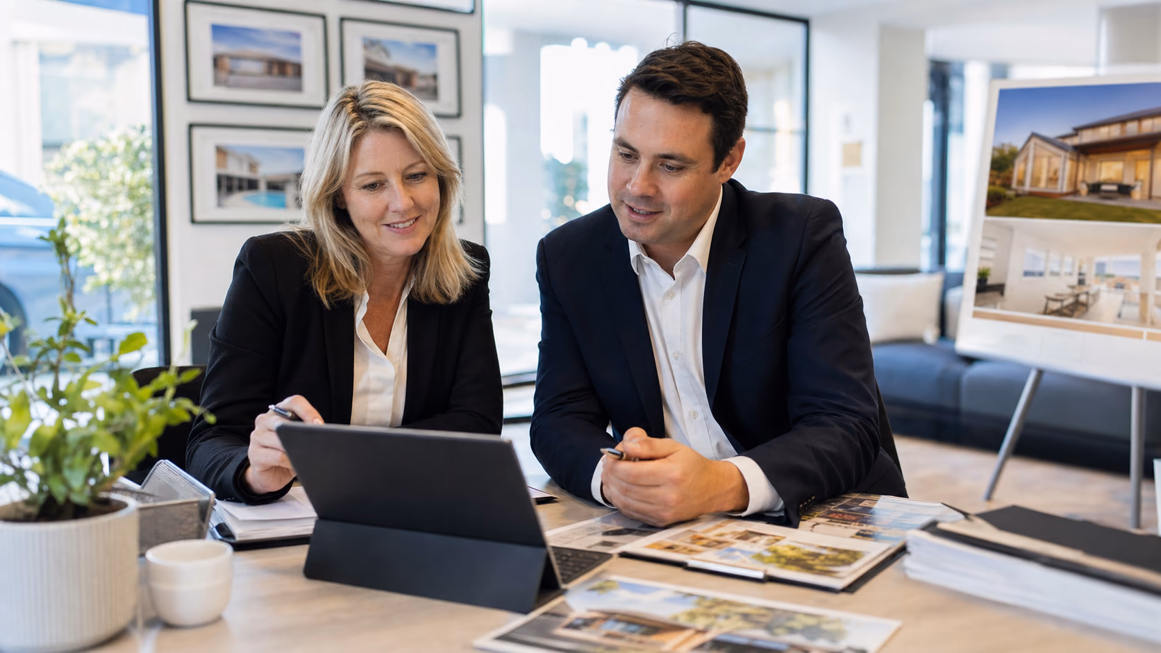 An Australian property manager and sales agent reviewing a rented home record together before preparing a sales campaign, bright agency office