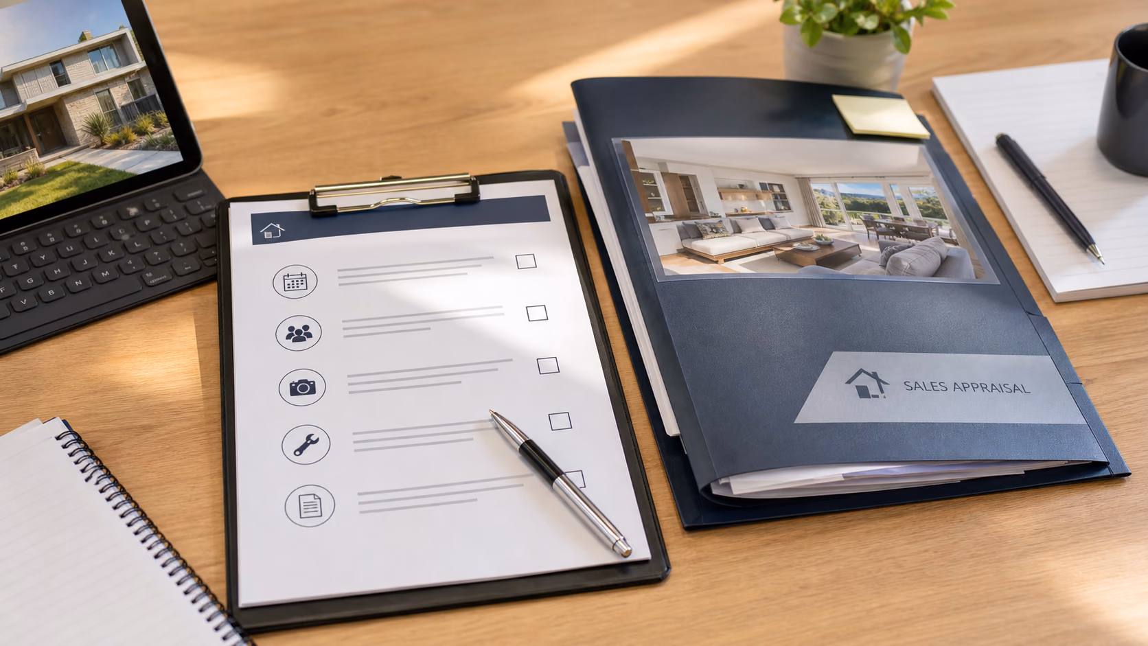 A property management checklist showing lease dates, tenant access notes, inspection photos, and maintenance tasks beside a sales appraisal folder