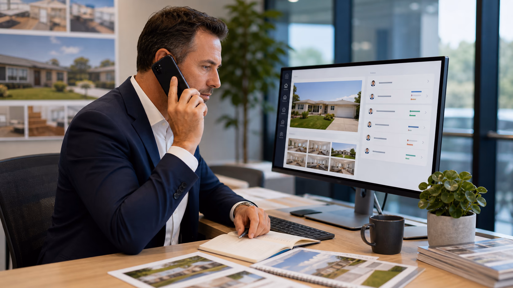 A branch manager reviewing a shared property record with sales and property management tasks assigned before calling an Australian landlord about selling