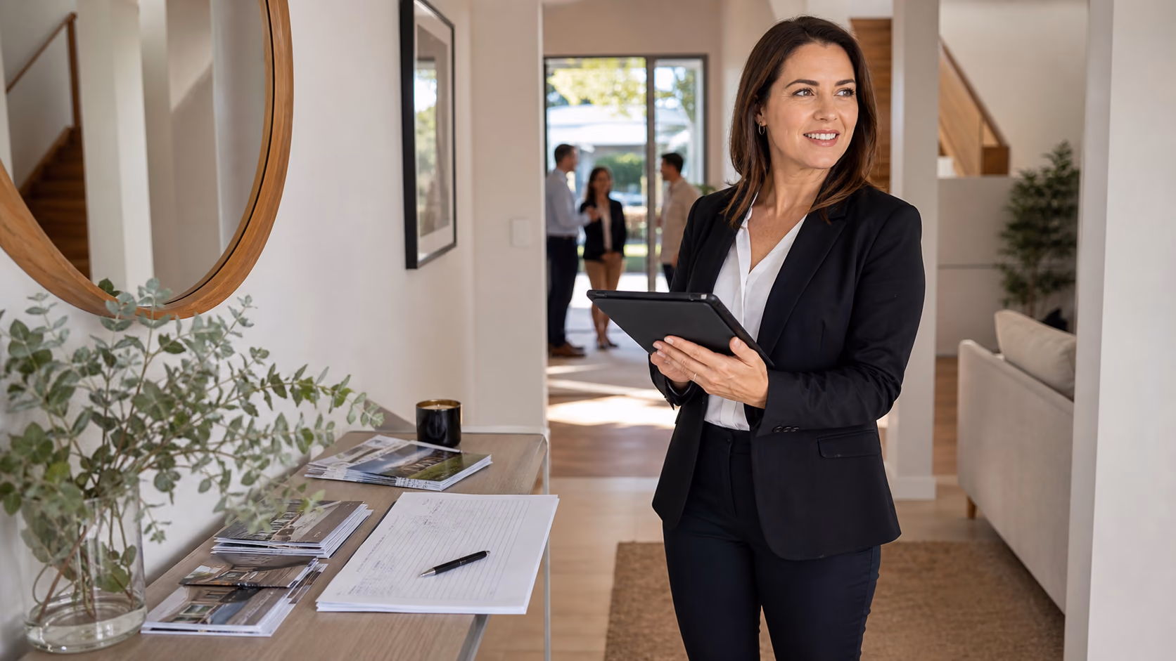 An Australian real estate agent standing near the entry table at a Saturday open home with a tablet, printed brochures, and buyer sign-in notes in natural light