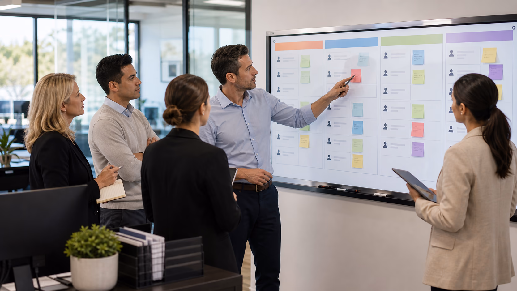 A sales team reviewing a Monday open-home follow-up board with lanes for calls, requested documents, vendor feedback, and nurture contacts