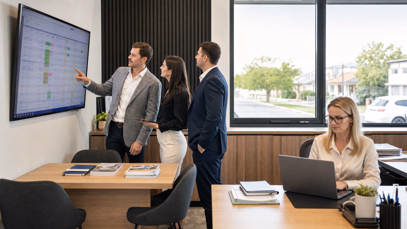 An Australian real estate sales team reviewing a deal status board in a branch office, with a finance colleague checking records on a separate laptop