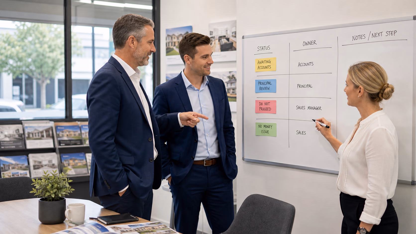 A principal, sales manager, and accounts lead in an Australian real estate office agreeing simple status labels on a whiteboard