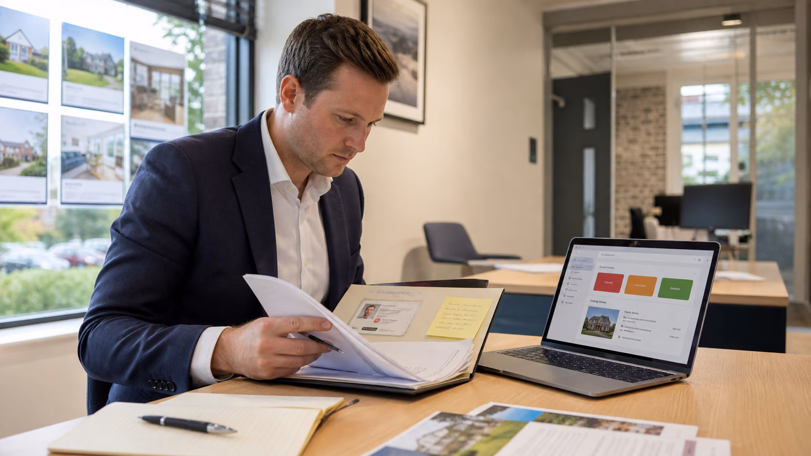 A UK estate agent reviewing a new property instruction file with identity documents, signed authority notes, and a blocked listing status on a laptop