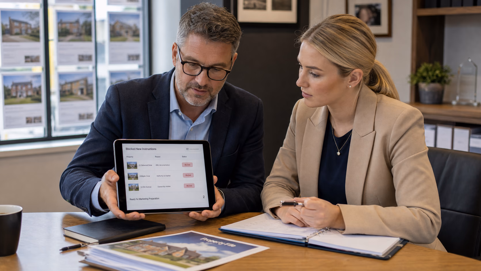 A UK branch manager and negotiator reviewing a short morning list of blocked new instructions before approving marketing preparation