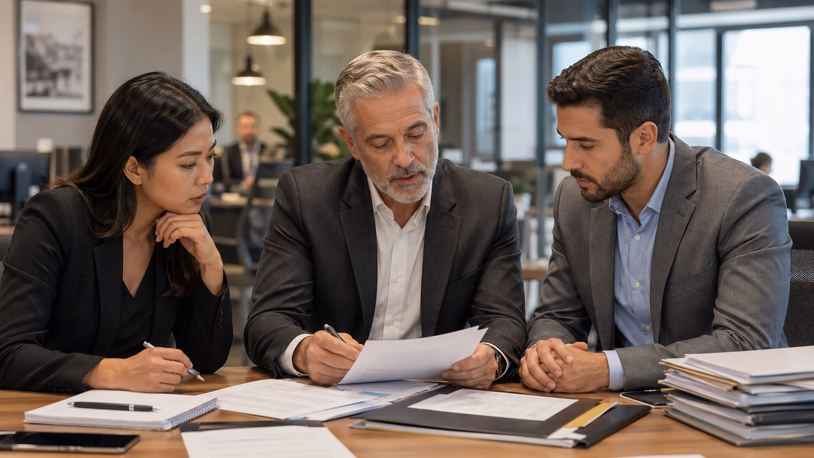 A real estate broker and two agents reviewing client files, viewing notes, and task lists around a meeting table in a busy office