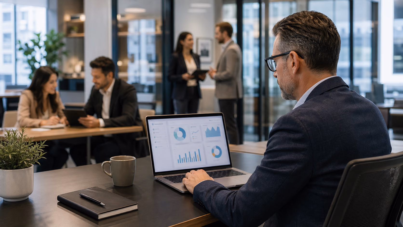 A brokerage manager checking a concise operations dashboard while agents work with clients in the background