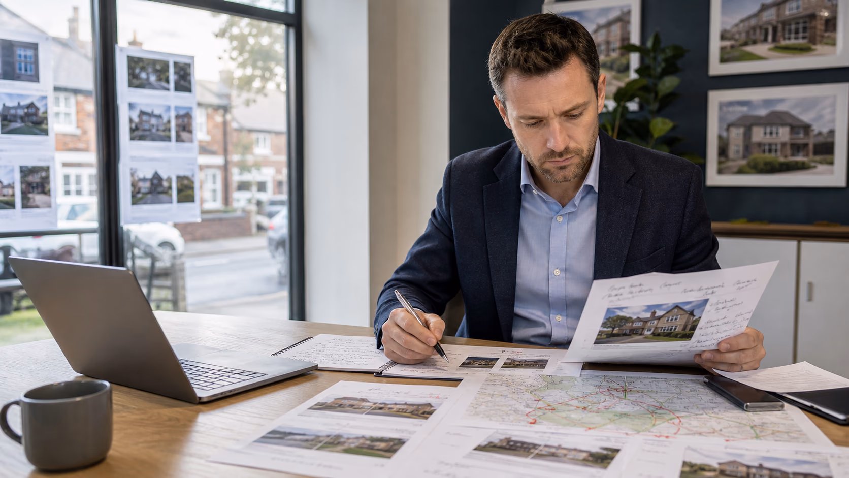 An estate agent reviewing buyer notes, property particulars, and a marked-up map at a desk after a morning of calls