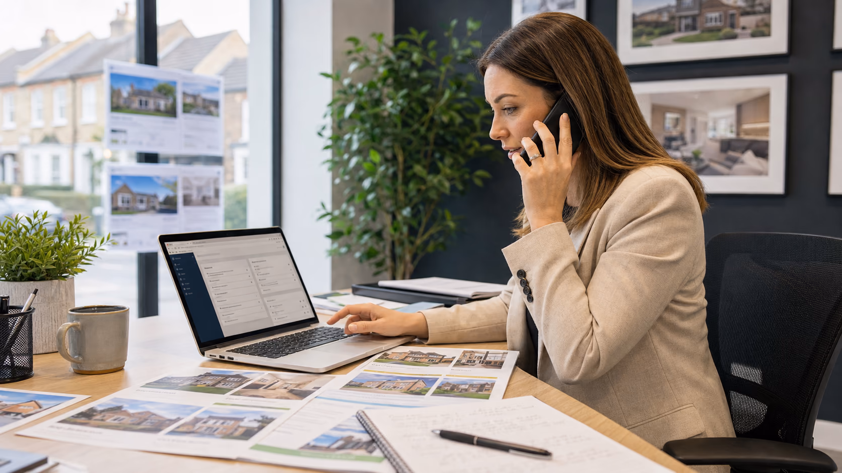 A real estate agent speaking with a buyer by phone while updating structured requirements beside a property shortlist