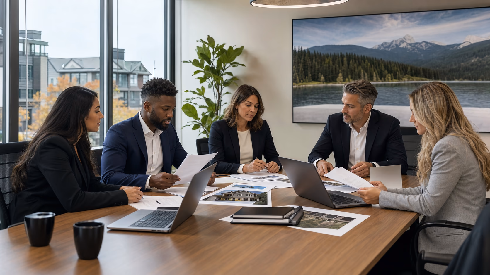 A Canadian real estate team reviewing client records, consent notes, and property paperwork around a conference table in a modern brokerage office