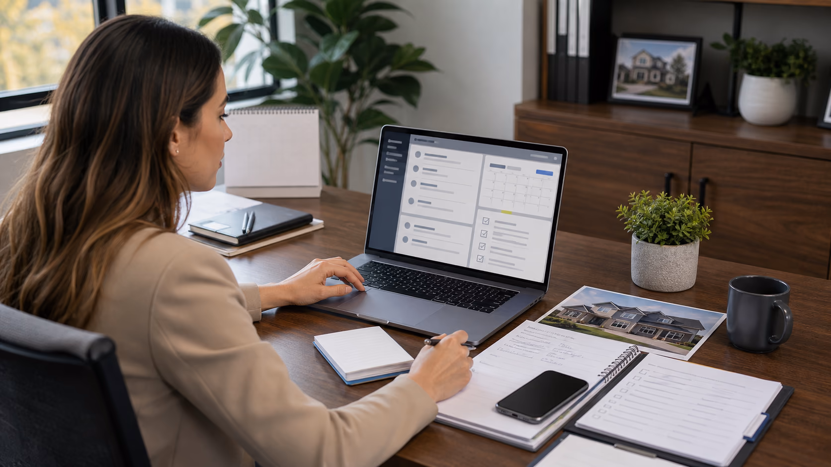 A real estate administrator checking consent details beside a client communication plan on a laptop, with a phone and property notes on the desk