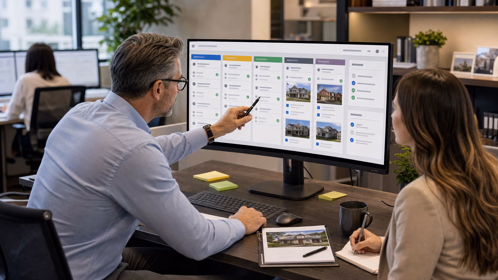 A brokerage manager reviewing a reassigned client pipeline with consent checks, property files, and handoff tasks visible on a large office monitor