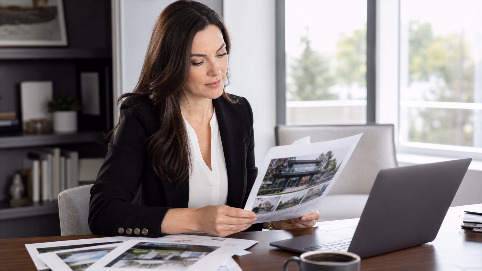 A Canadian real estate agent reviewing printed listing copy beside a laptop before publishing property marketing, bright office setting