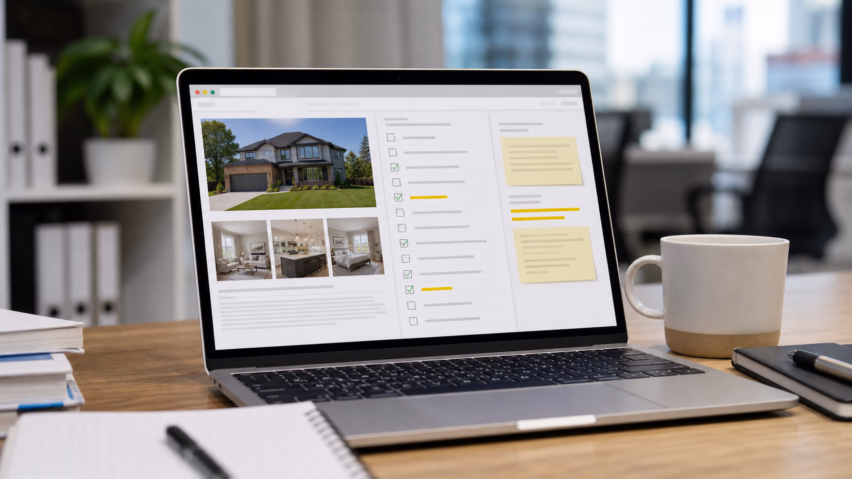 A close view of a laptop screen with a property description draft, review checklist, and highlighted public wording notes, modern real estate office