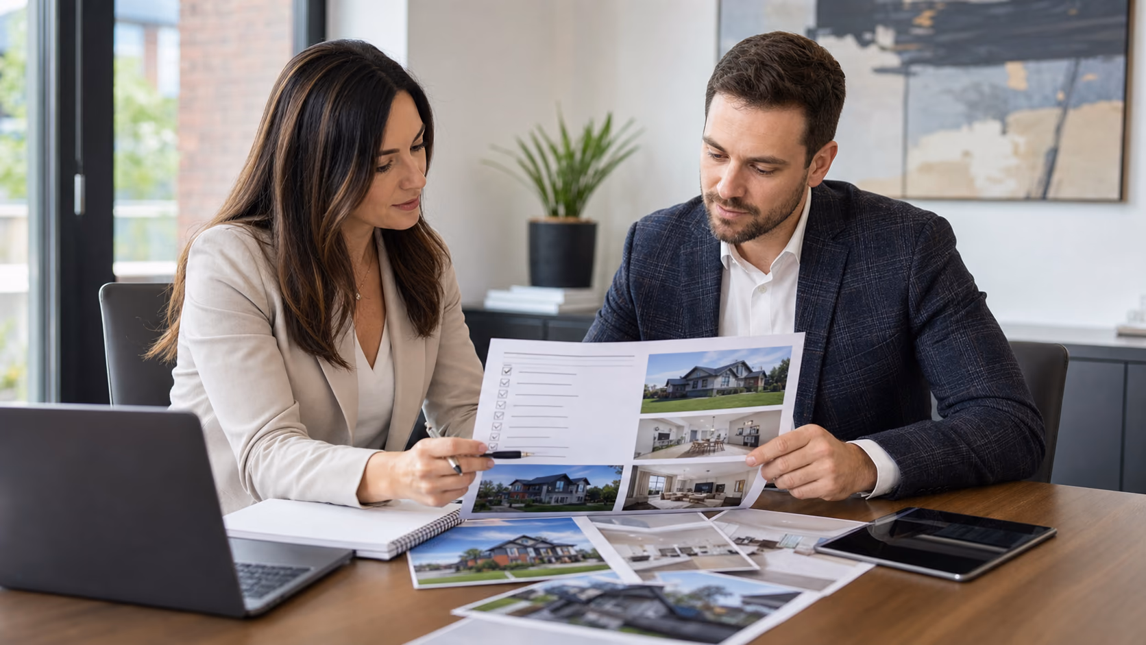 Two Canadian real estate teammates comparing a listing approval checklist and property photos before publishing marketing copy