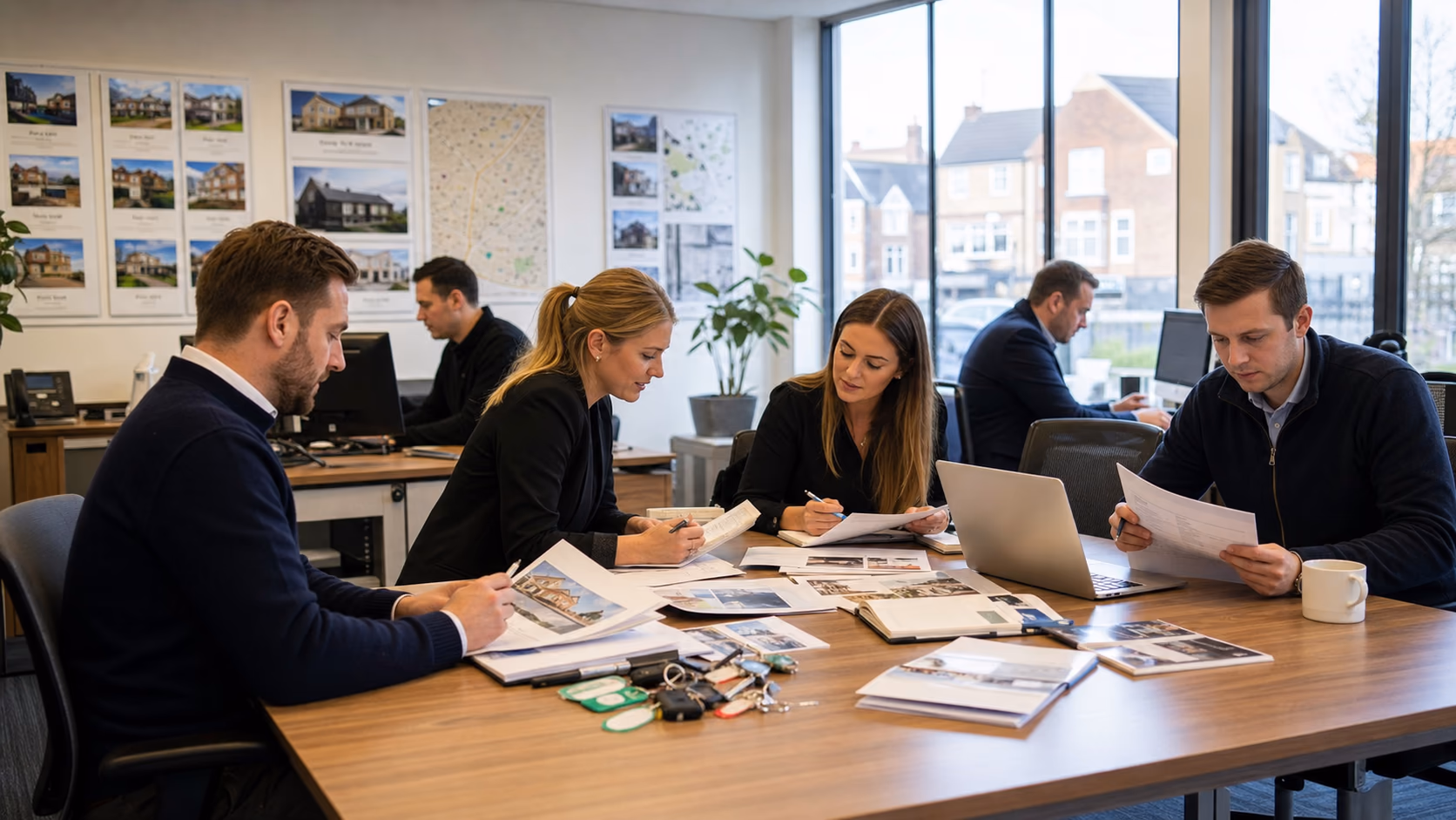 A busy estate agency team reviewing client cover notes and viewing appointments around a shared office desk before the morning starts