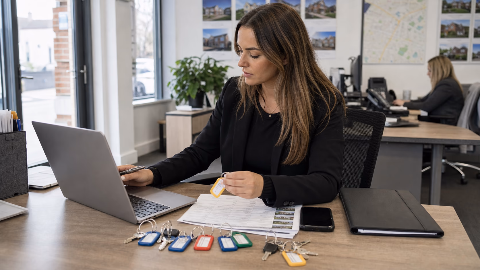 A covering agent checking key tags, viewing access notes, and client requirements on a laptop before leaving for property appointments