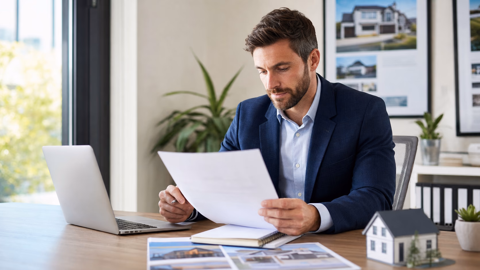 A real estate agent reviewing a completed client intake questionnaire beside a laptop and a notebook in a bright office