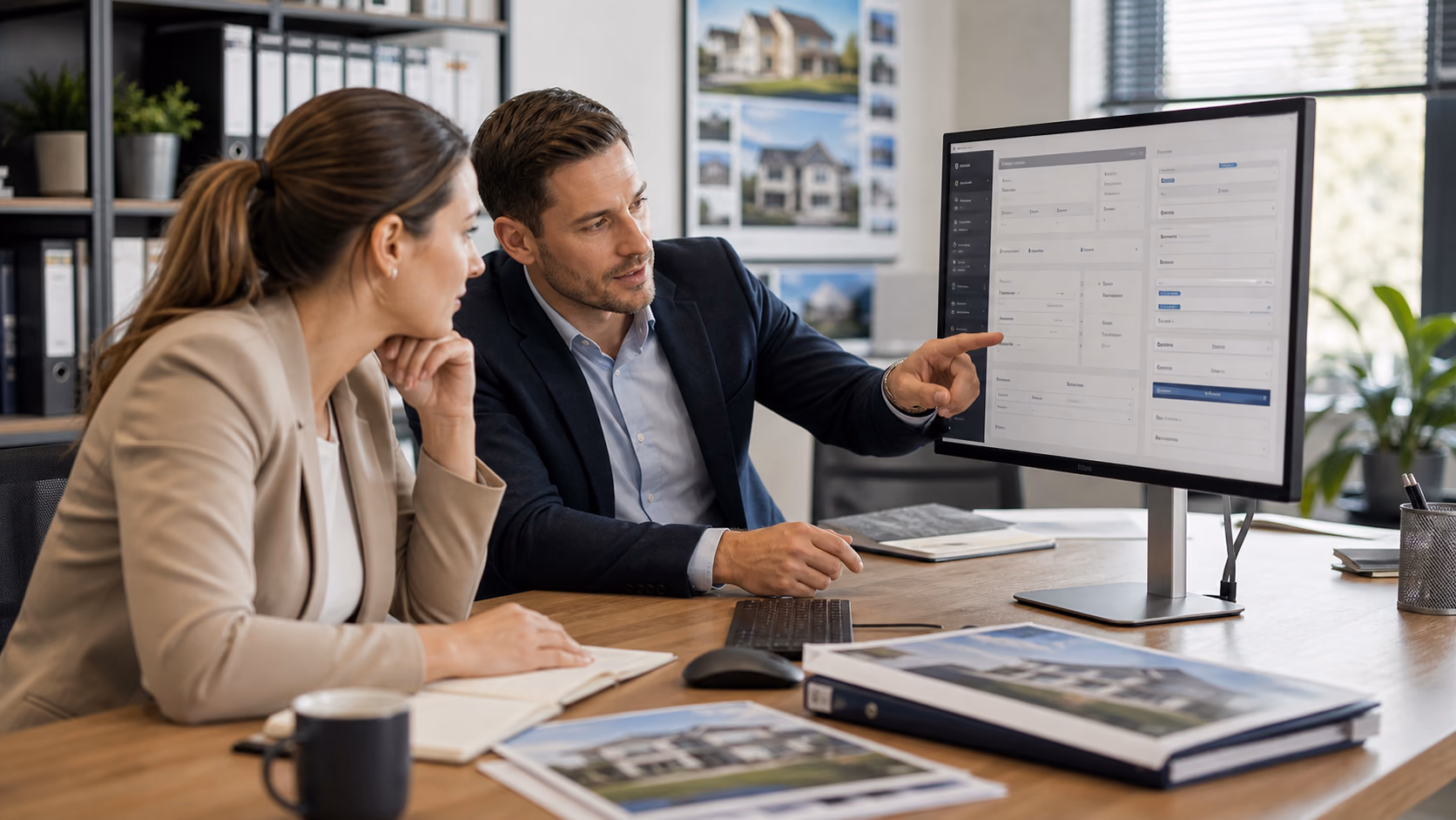 Two estate agents discussing buyer and seller intake notes on a shared office screen with property files on the table