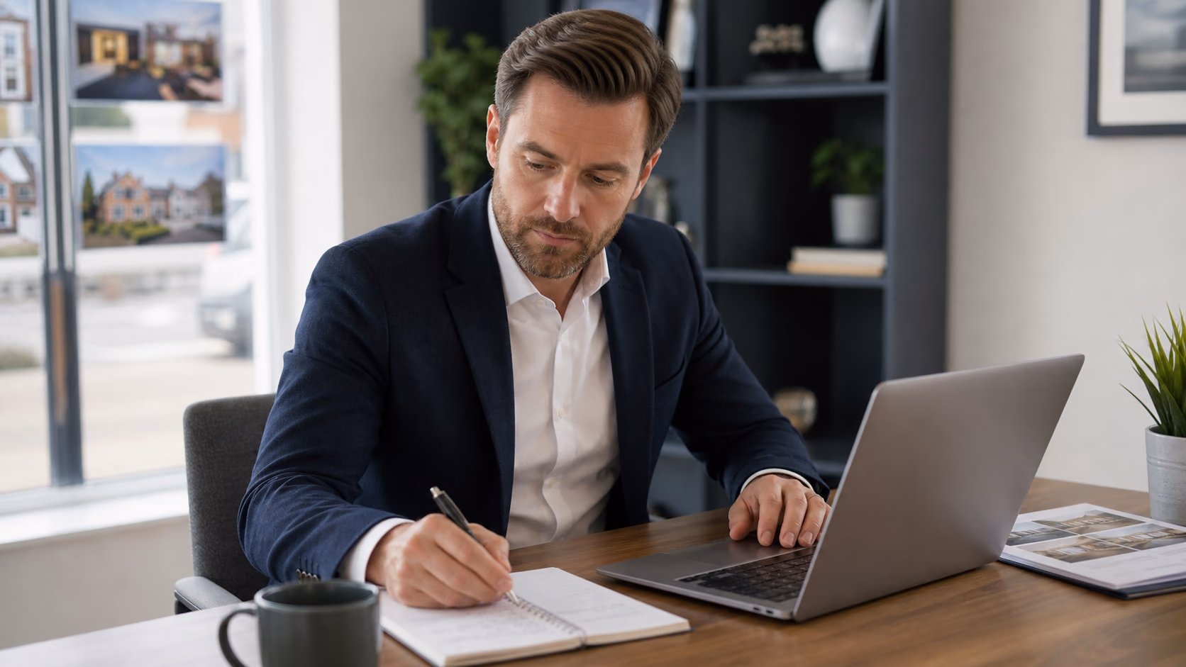 A real estate agent reviewing client portal updates and handwritten call notes at a tidy office desk