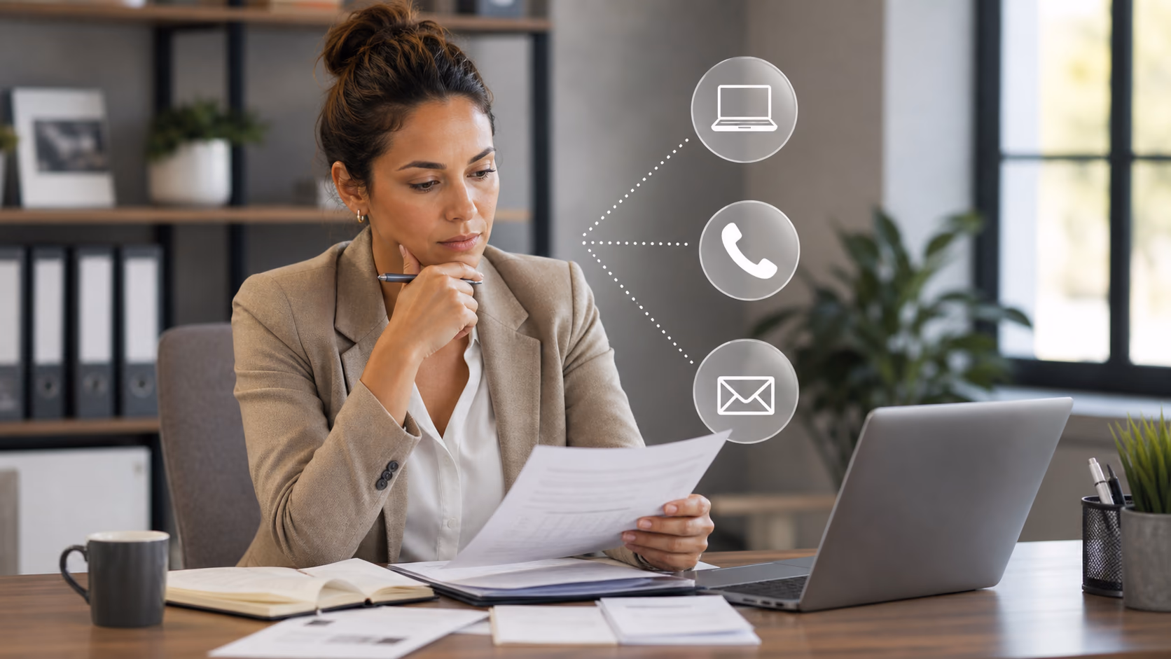 A property manager choosing between a portal update, phone call, and email while reviewing tenant and landlord records