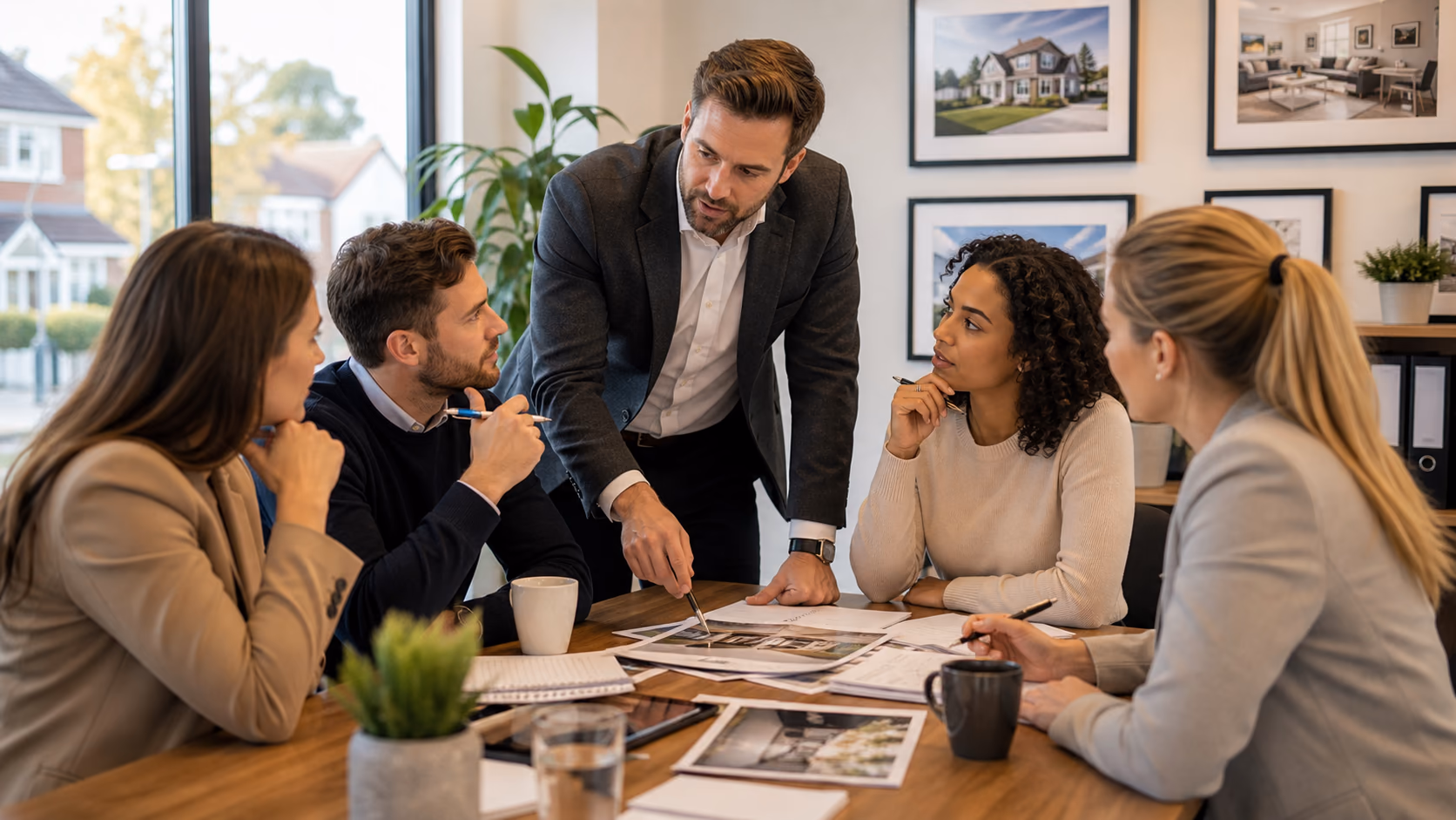 A branch team discussing which property updates are safe for a client portal and which need a direct phone call