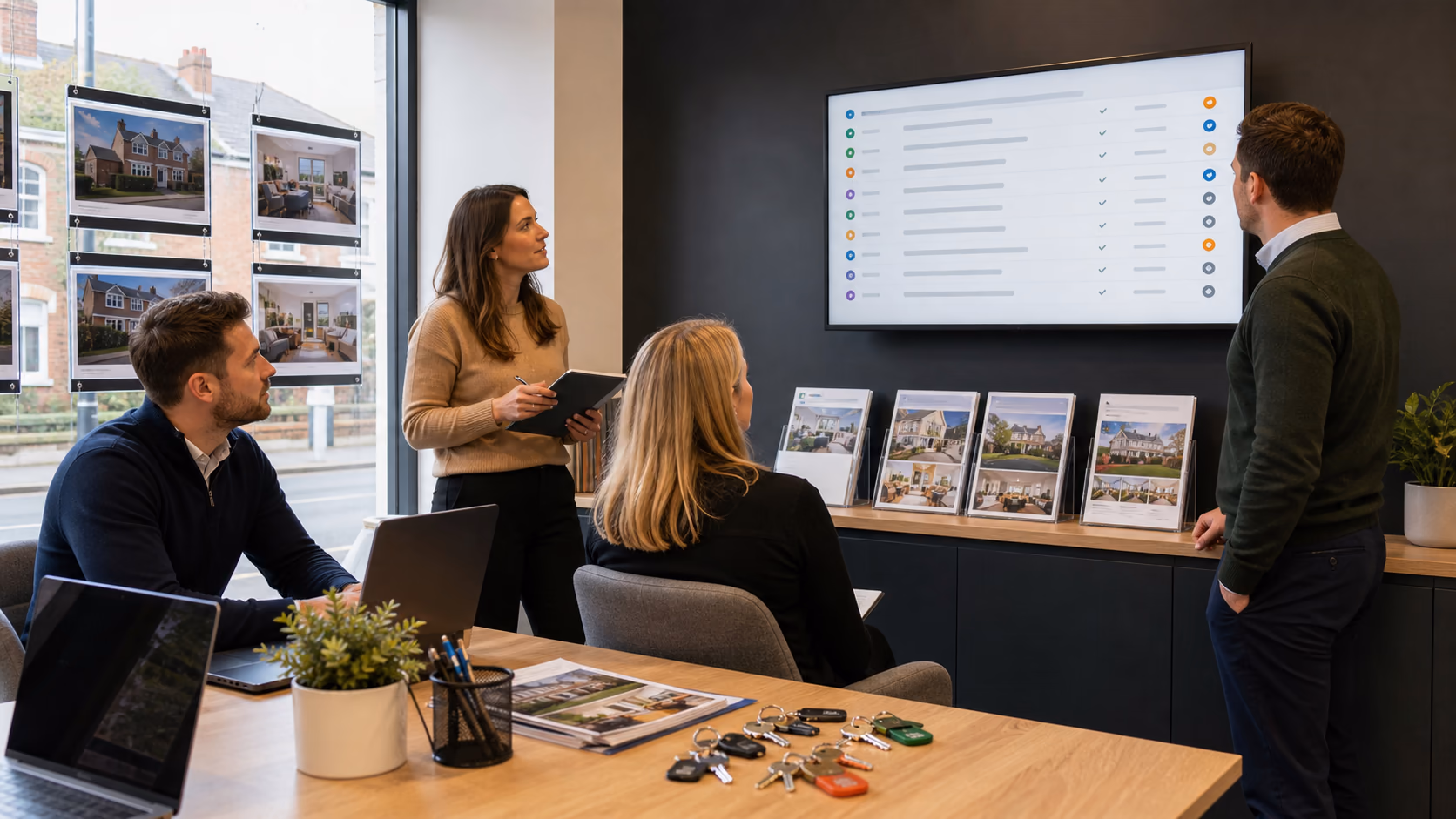 A branch team reviewing a short promise log on a wall display beside property brochures, laptops, and viewing keys