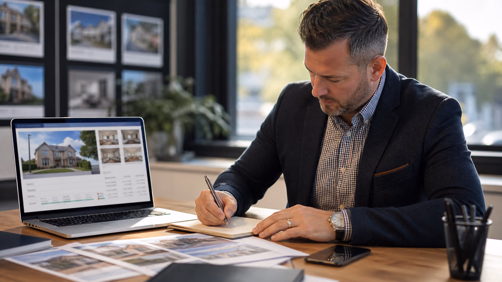 A real estate branch manager writing a commission change note beside a laptop showing a live property deal, with printed viewing notes and a phone on the desk