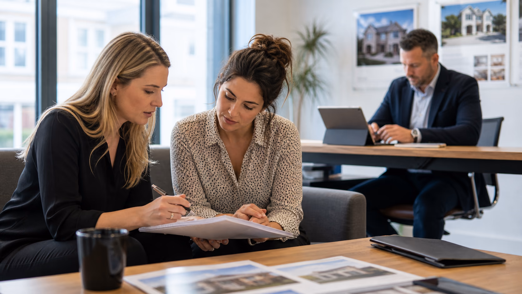 Two real estate agents reviewing a handover note after a viewing, with a manager checking the linked property record in the background