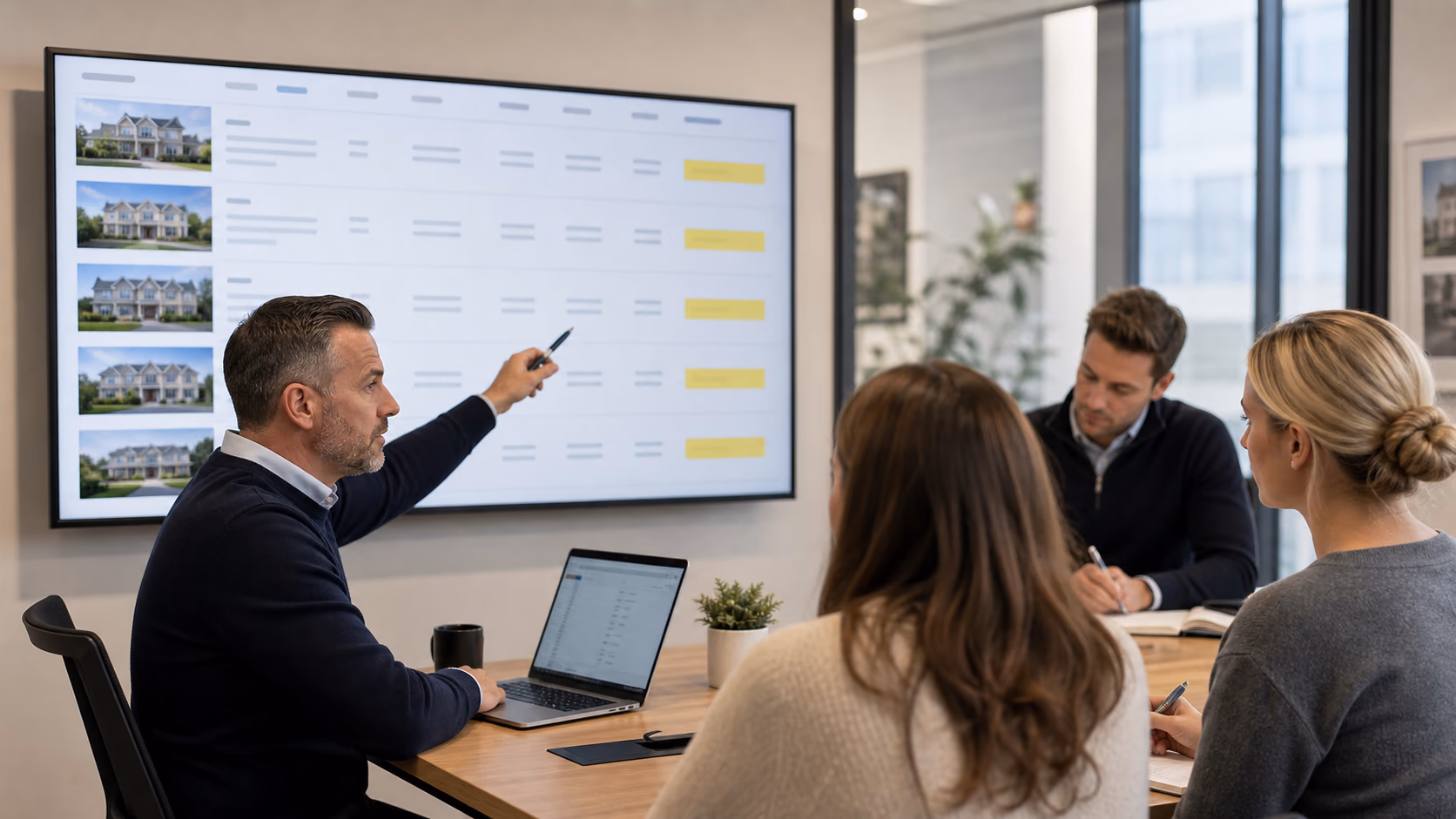 A brokerage owner reviewing five active deal records with highlighted commission note prompts during a short morning team check