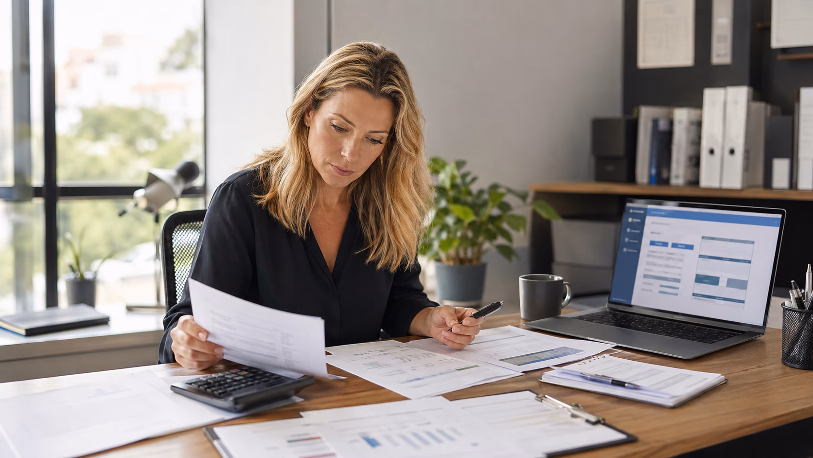 A brokerage finance manager reviewing commission notes, invoices, and deal records on a desk before a monthly pay run