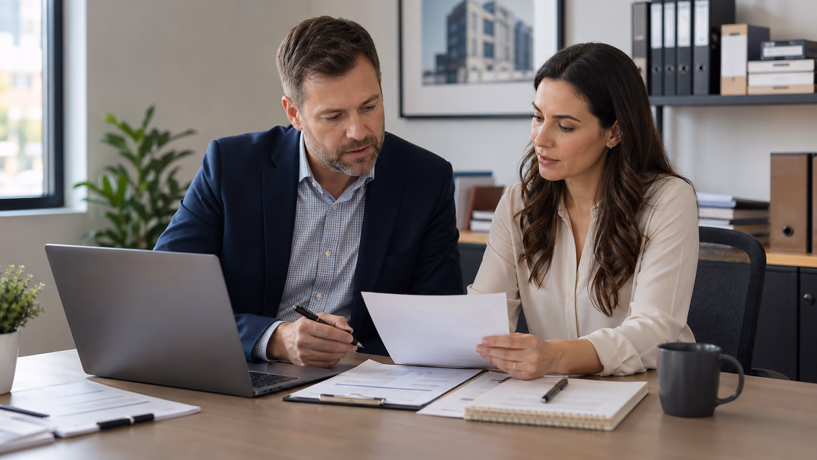 A branch manager and finance administrator comparing a property sale record with commission split notes in a quiet office