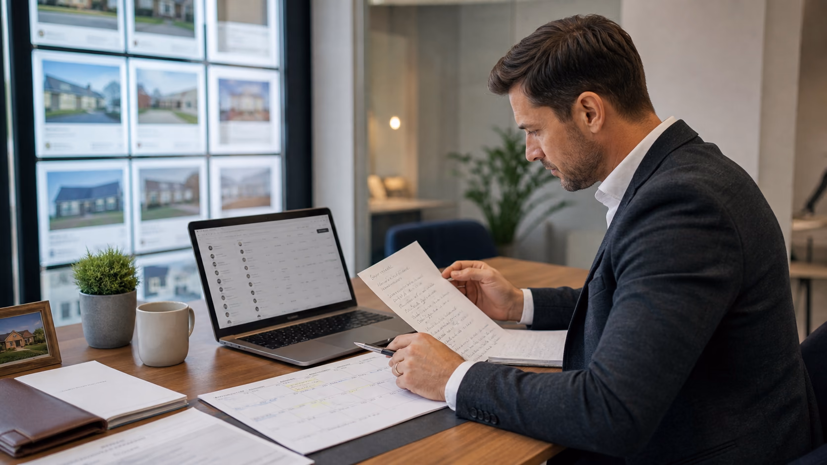 A real estate agent at a desk reviewing a contact list, handwritten call notes, and a calendar before deciding who needs attention