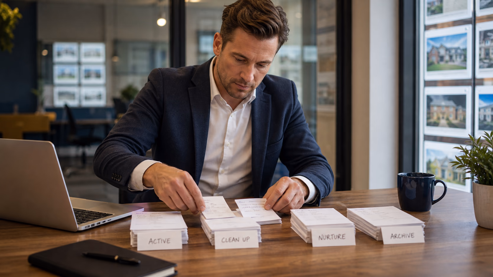 An estate agent sorting contact cards into active, clean up, nurture, and archive piles beside a laptop in a branch office