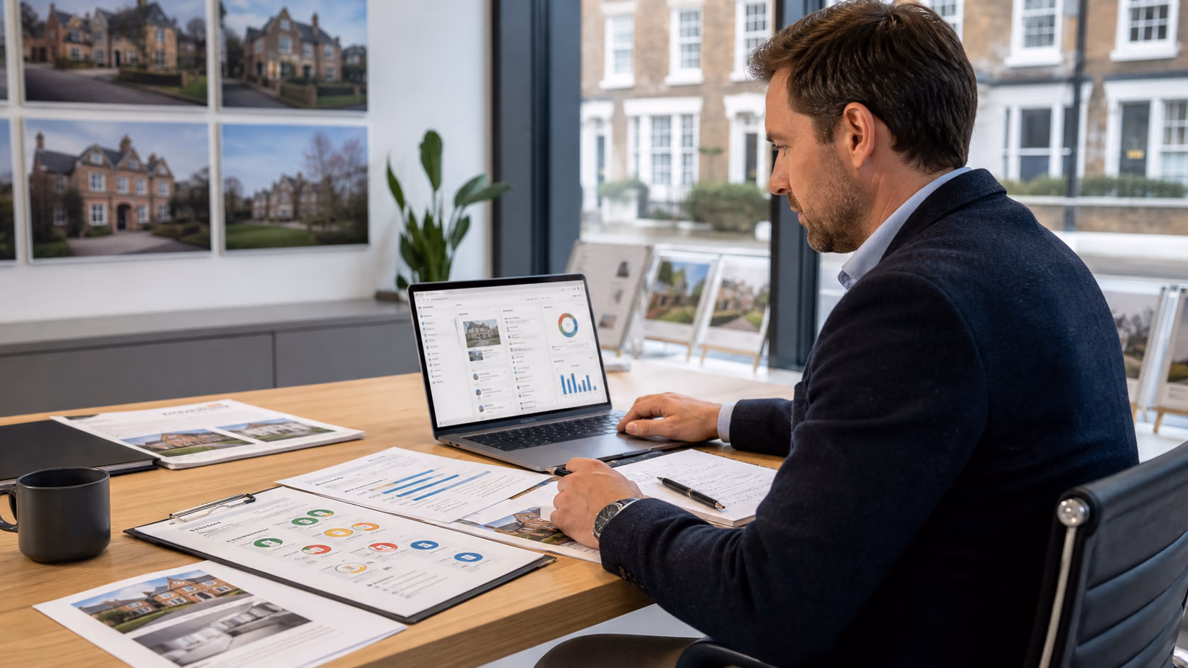 An estate agency owner testing CRM software during a live demo with printed scorecards, client notes, and property details on the desk