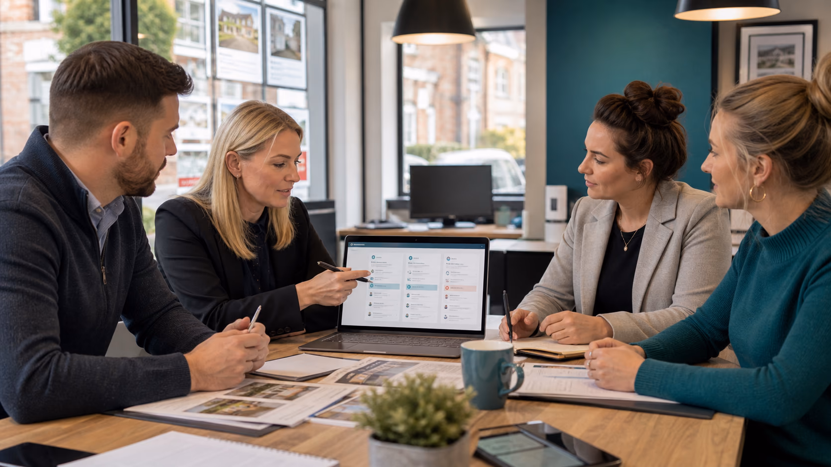 A UK estate agency branch team reviewing a shared client and property handover record on a meeting table with sales, lettings, and property management notes visible