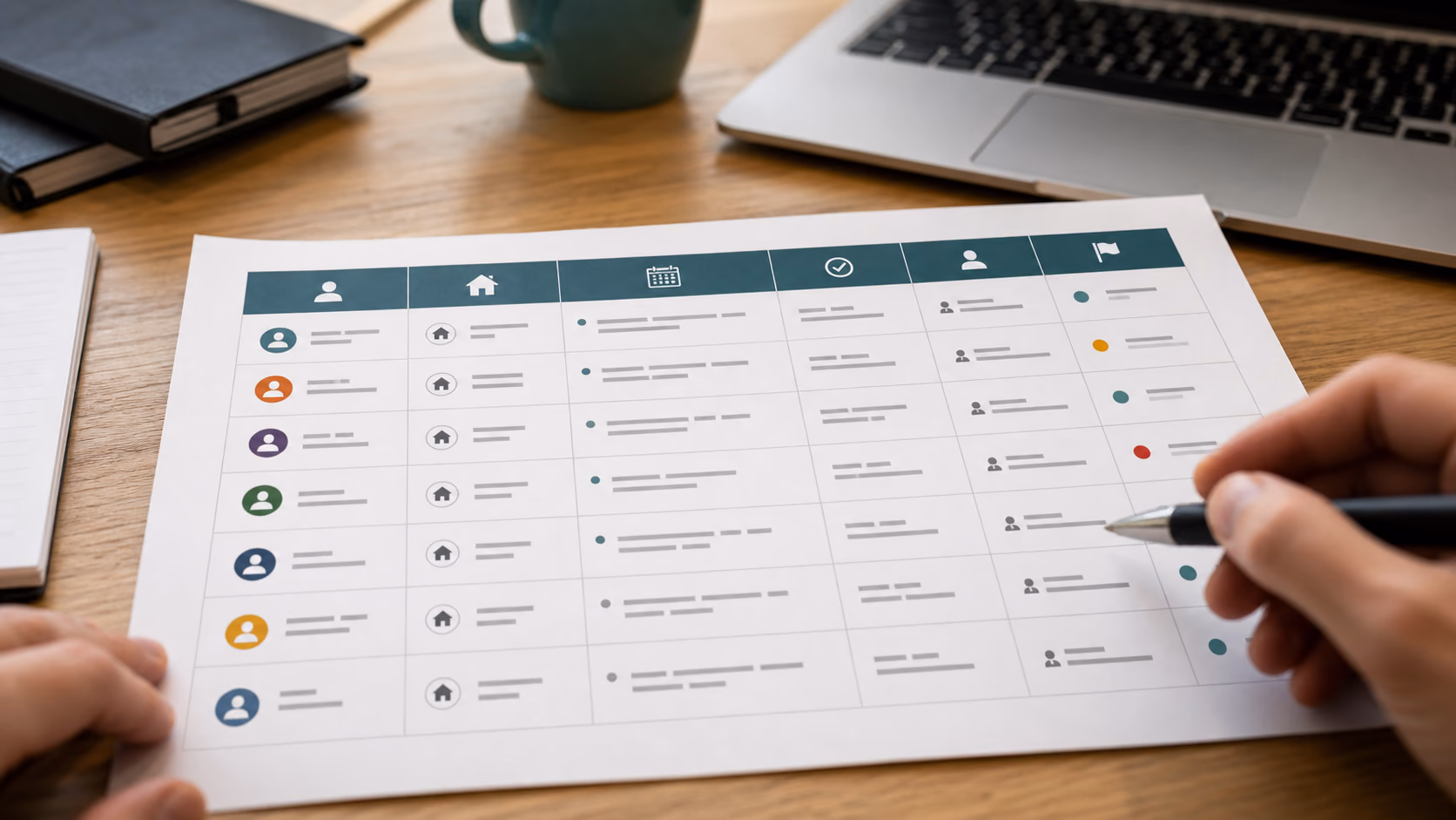 A close-up of a printed branch handover table with client role, property link, latest event, next action, owner, and return condition columns filled in