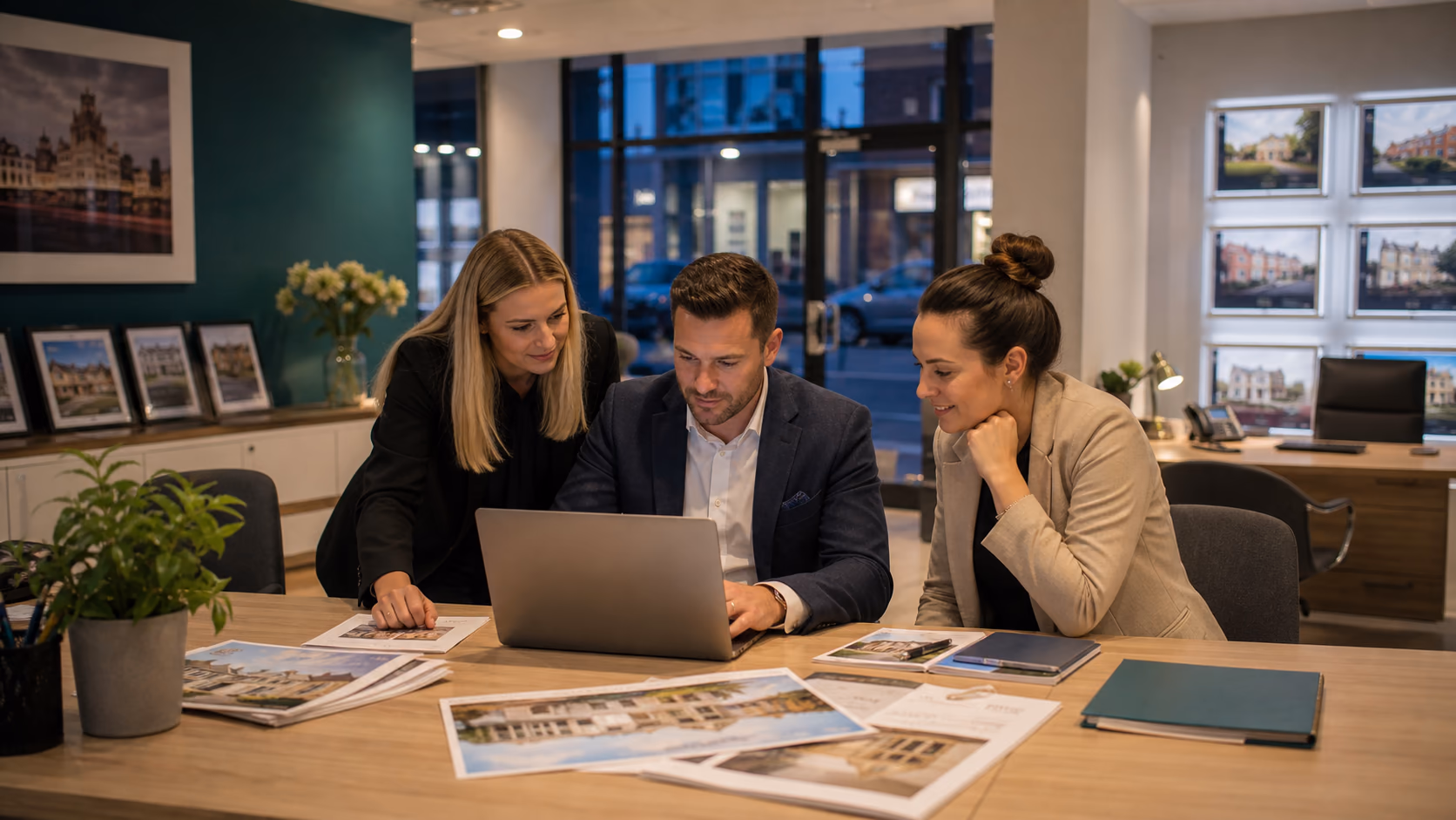 A branch manager and two agents checking live cross-department records on a laptop after closing time in a small UK estate agency office