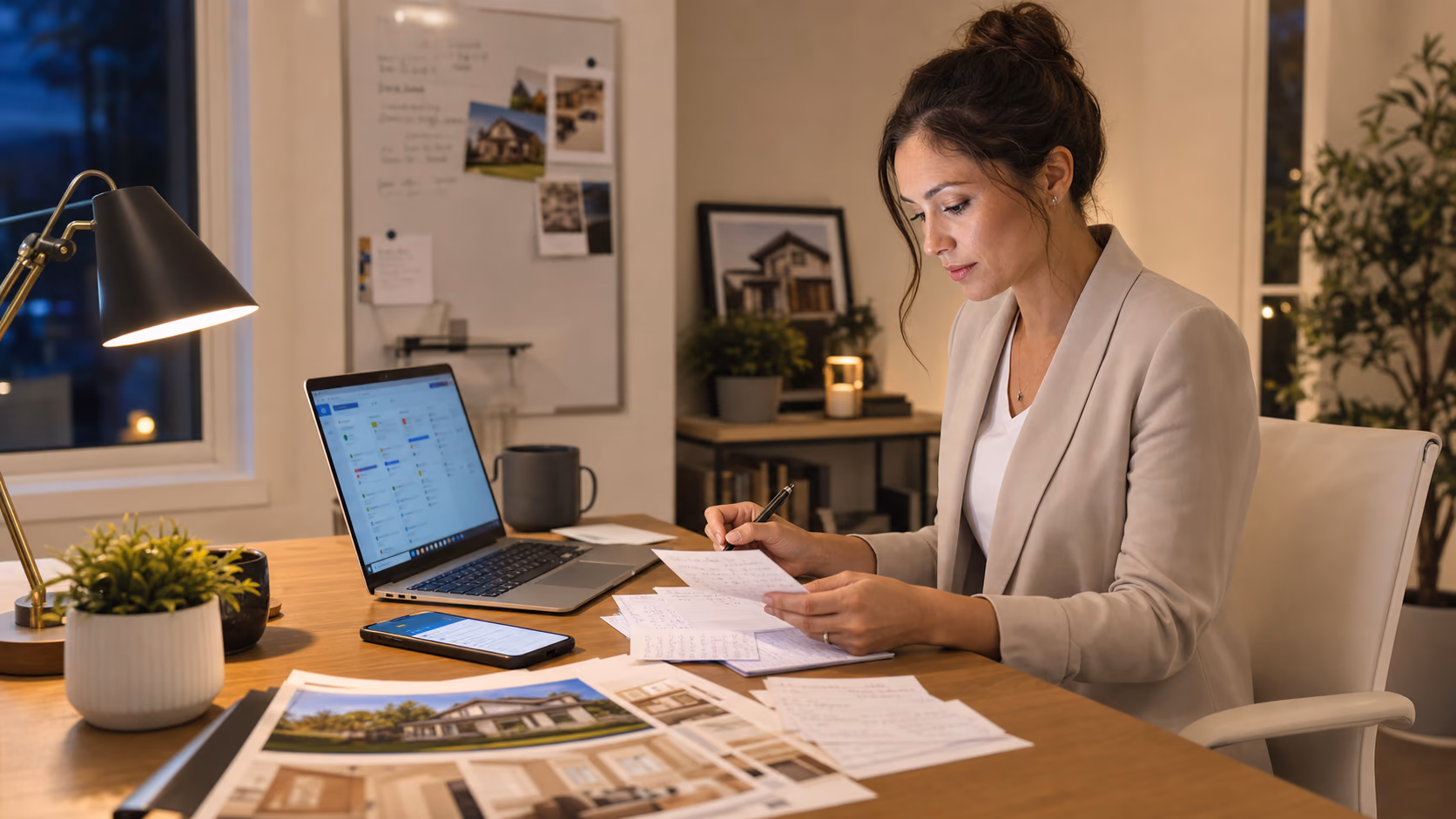 A solo real estate agent at a small desk in the evening sorting handwritten appointment notes beside an open laptop and phone