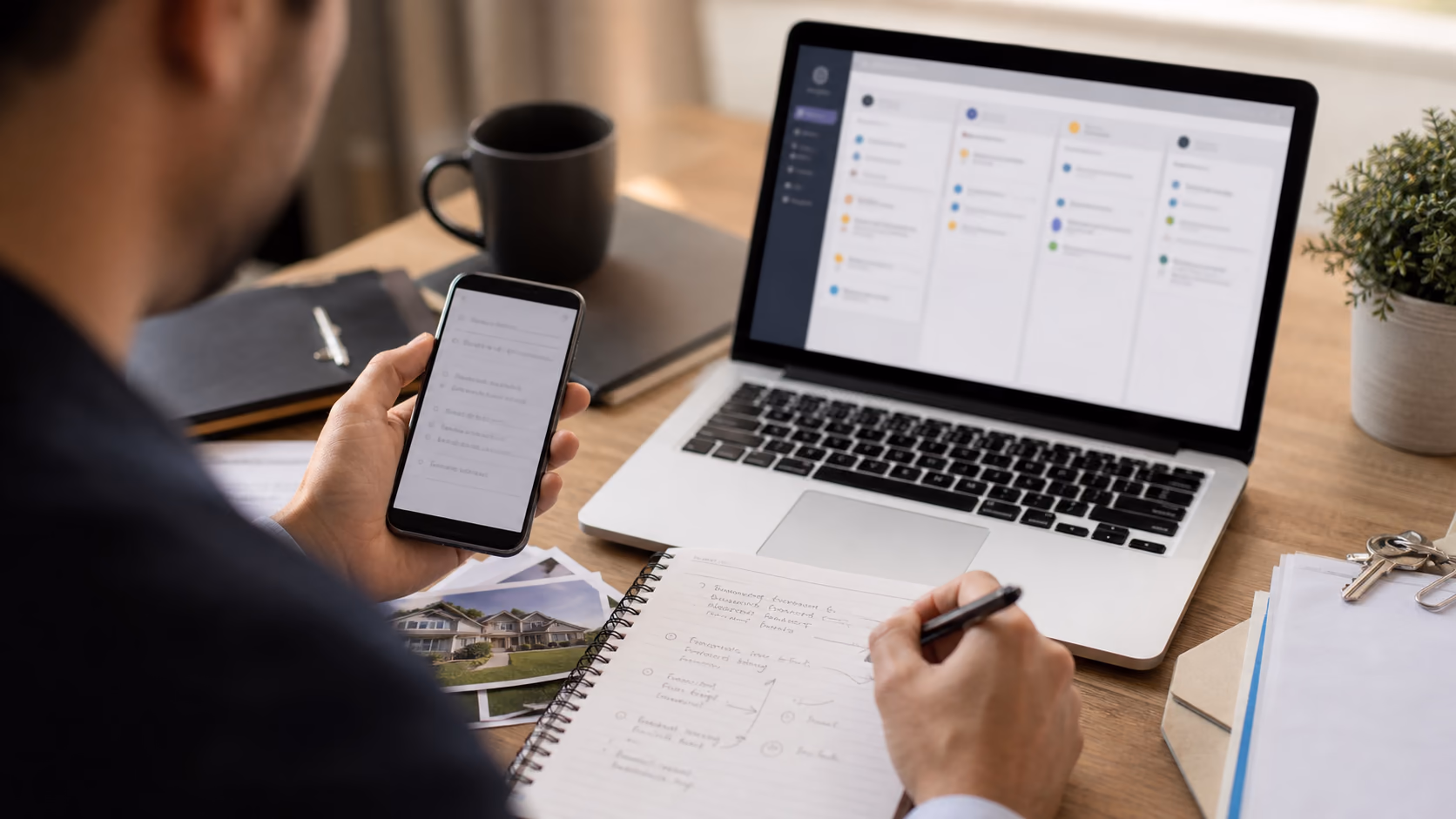 A close view of a real estate agent turning phone notes from client calls into dated follow-up tasks on a laptop