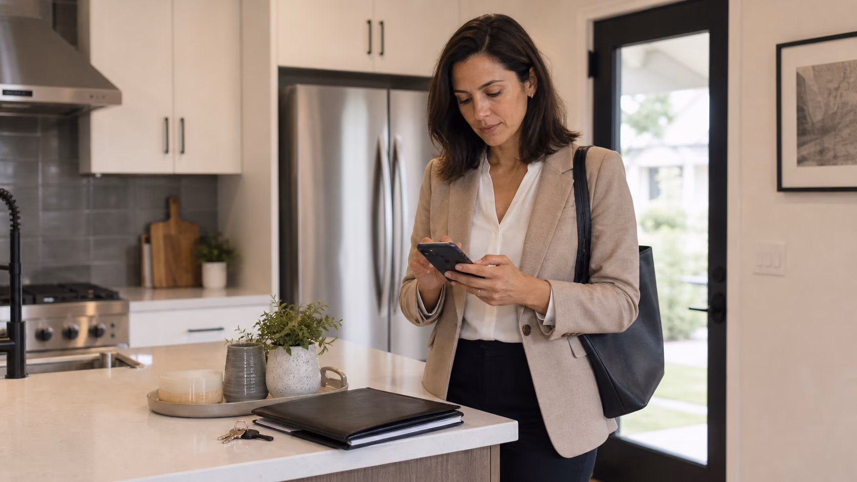A real estate agent standing by a kitchen counter after a property viewing, adding short feedback notes to a phone before leaving